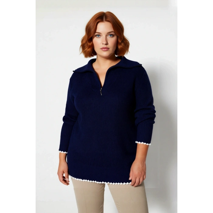 Kadın Geniş Kalıp Fermuarlı Dik Yaka Düşük Kol Akrilik Selanik Triko Kazak Günlük Şıklığınızı