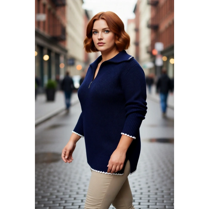 Kadın Geniş Kalıp Fermuarlı Dik Yaka Düşük Kol Akrilik Selanik Triko Kazak Günlük Şıklığınızı