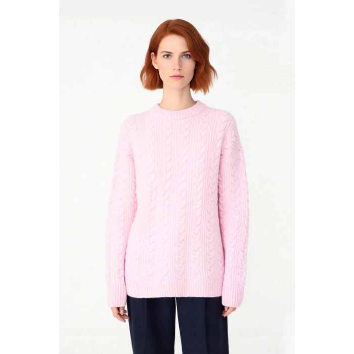 Kadın Geniş Kalıp Saç Örgü Detaylı Bisiklet Yaka Kalın Triko Kazak Günlük Şıklığınız İçin Kış