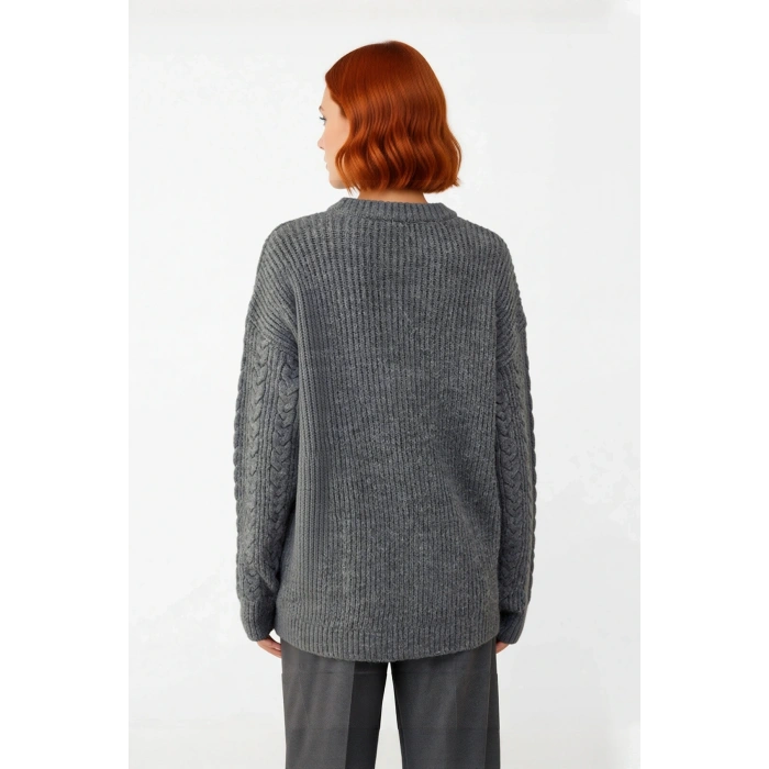 Kadın Geniş Kalıp Saç Örgü Detaylı Bisiklet Yaka Kalın Triko Kazak Günlük Şıklığınız İçin Kış