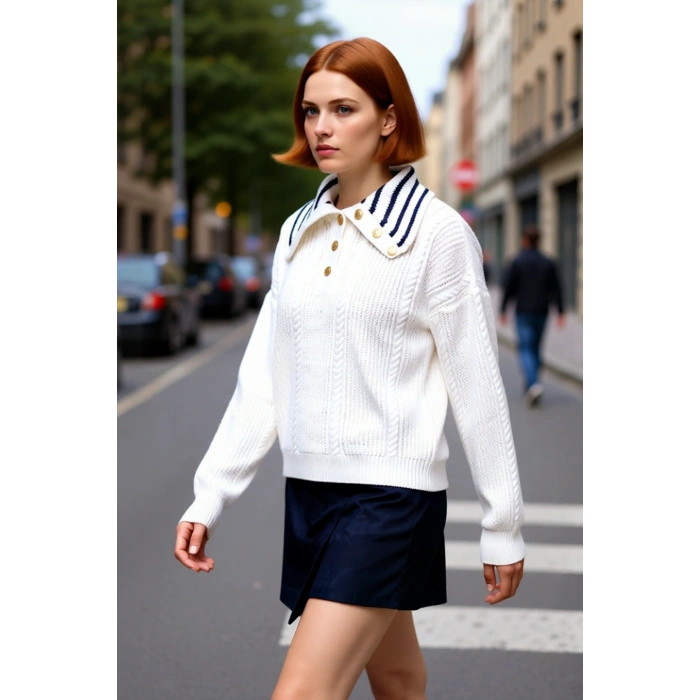 Kadın Geniş Kalıp Saç Örgülü Devrik Yaka Akrilik Triko Kazak Kışlık Günlük Şık ve Rahat Kombinler