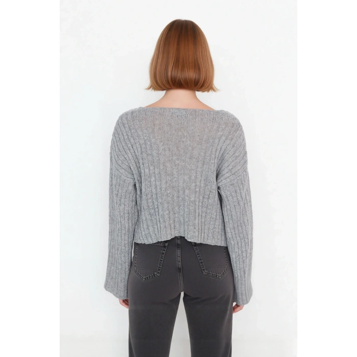 Kadın Geniş Kalıp V Yaka Yünlü Triko Kazak Basic Fitilli Uzun Kollu Günlük Şıklık İçin İdeal Seçim