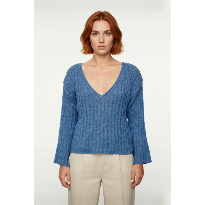 Kadın Geniş Kalıp V Yaka Yünlü Triko Kazak Basic Fitilli Uzun Kollu Günlük Şıklık İçin İdeal Seçim