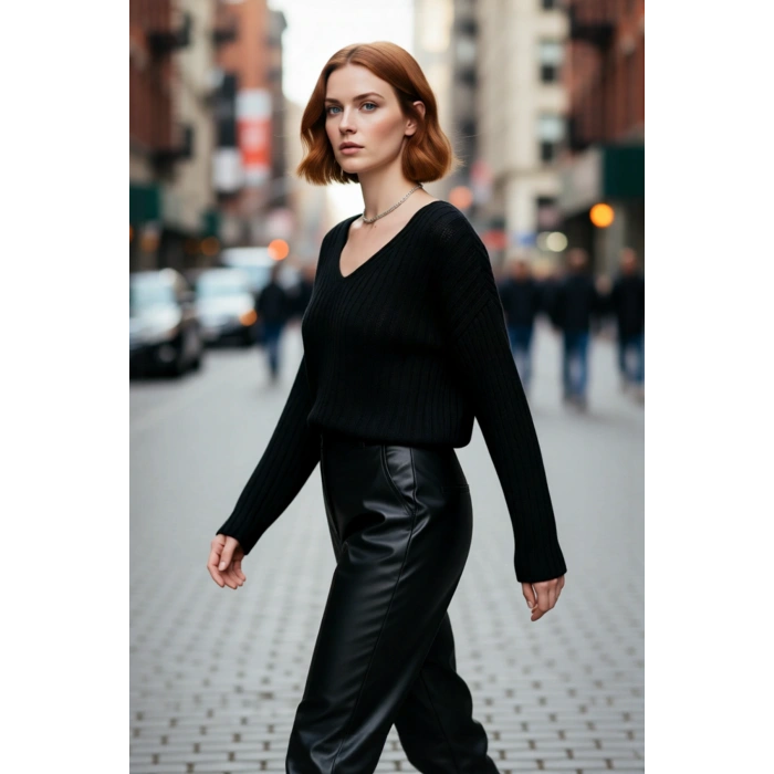 Kadın Geniş Kalıp V Yaka Yünlü Triko Kazak Basic Fitilli Uzun Kollu Günlük Şıklık İçin İdeal Seçim