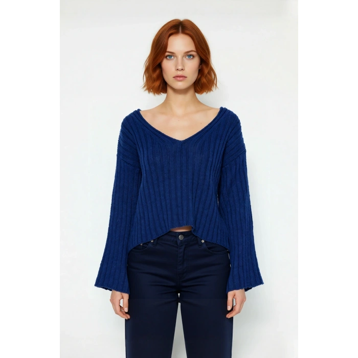 Kadın Geniş Kalıp V Yaka Yünlü Triko Kazak Basic Fitilli Uzun Kollu Günlük Şıklık İçin İdeal Seçim