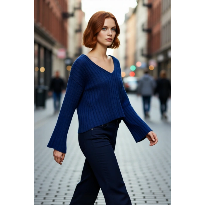 Kadın Geniş Kalıp V Yaka Yünlü Triko Kazak Basic Fitilli Uzun Kollu Günlük Şıklık İçin İdeal Seçim