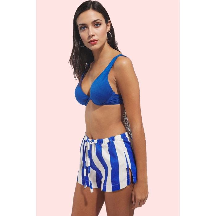 Kadın Geniş Paça Çizgili Denim Şort Pamuk Yaz Aylarının Vazgeçilmezi Günlük Kullanım Hafta Sonu