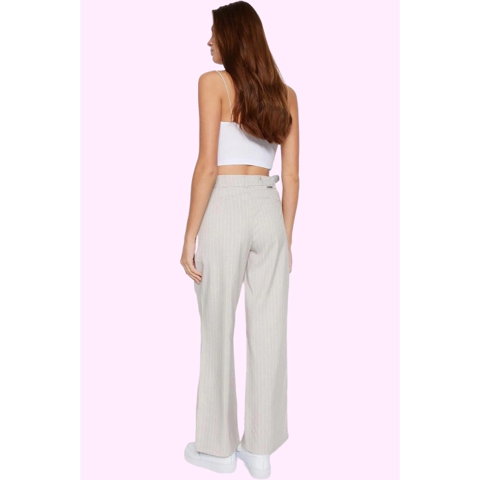 Kadın Geniş Paça Çizgili Pantolon Yüksek Bel Wide Leg Krep Dokuma Yaz Aylarının Vazgeçilmezi