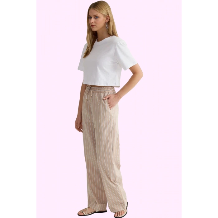Kadın Geniş Paça Çizgili Pijama Pantolon Rahat Kalıp Regular Boy Yaz Aylarının Vazgeçilmezi
