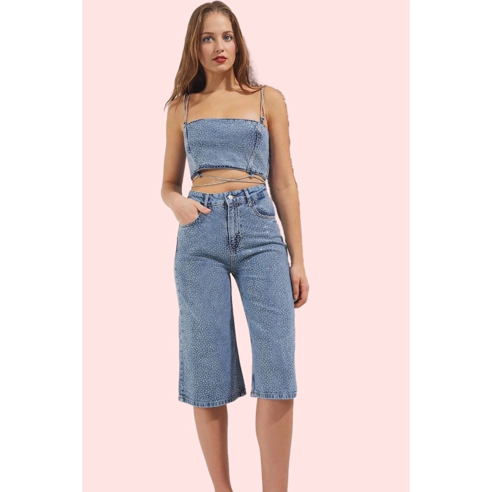 Kadın Geniş Paça Denim Bermuda Şort Taş Baskılı Rigid Dokuma Pamuk Günlük Kullanım Hafta Sonu