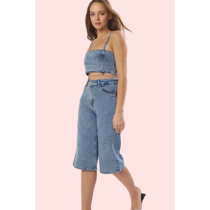 Kadın Geniş Paça Denim Bermuda Şort Taş Baskılı Rigid Dokuma Pamuk Günlük Kullanım Hafta Sonu