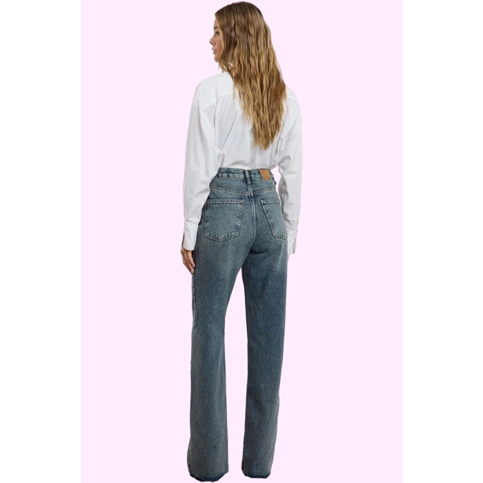 Kadın Geniş Paça Denim Pantolon Pamuk Rigid Dokuma Günlük Stil Hafta Sonu Kaliteli Malzeme