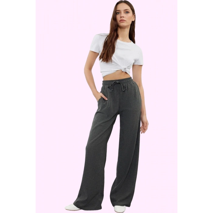Kadın Geniş Paça Lastikli Bel Örme Pantolon Günlük Casual Hafta Sonu Yaz Aylarının Vazgeçilmezi
