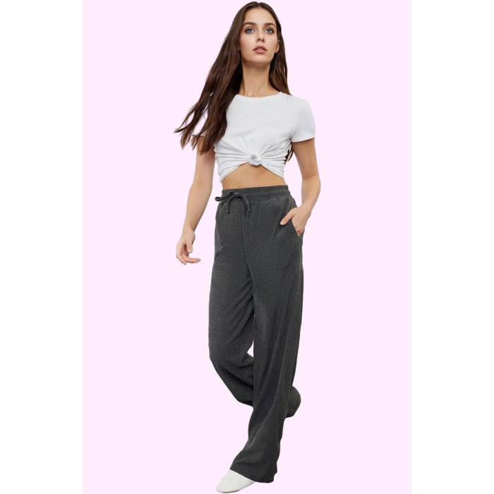 Kadın Geniş Paça Lastikli Bel Örme Pantolon Günlük Casual Hafta Sonu Yaz Aylarının Vazgeçilmezi
