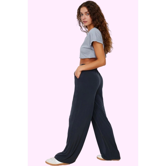 Kadın Geniş Paça Örme Pantolon Yüksek Bel Düz Desen Rahat Günlük Yaz Aylarının Vazgeçilmezi