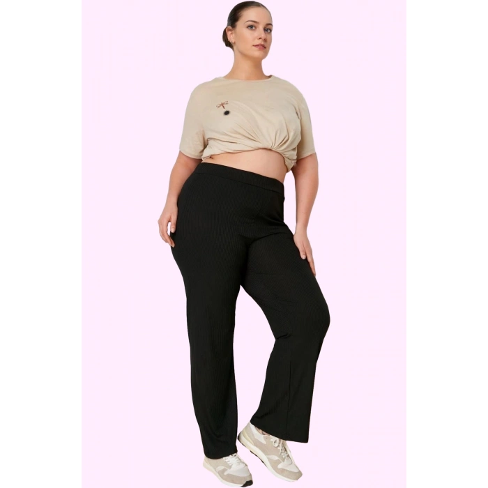 Kadın Geniş Paça Pantolon Yüksek Bel Örme Kumaş Casual Stil Tüm Sezonlar Dayanıklı Malzeme