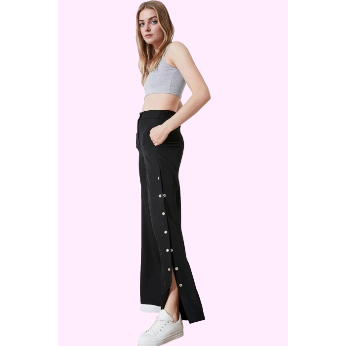 Kadın Geniş Paça Pantolon Yüksek Belli Dokuma Kumaş Çift Cepli Yazlık Yaz Aylarının Vazgeçilmezi