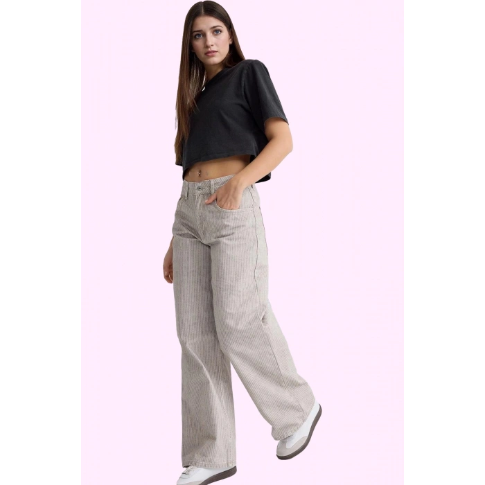 Kadın Geniş Paça Uzun Boy Jeans Çok Çizgili Barrel Kalıp Pamuklu Günlük Stil Modern Tasarım