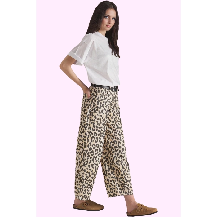 Kadın Geniş Paça Uzun Boy Leopar Desenli Denim Pantolon Pamuk Günlük Stil Kaliteli Malzeme