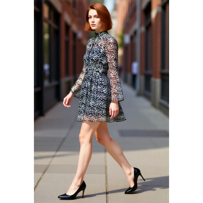 Kadın Geometrik Desenli Dik Yaka Skater Şifon Elbise Uzun Kollu Modern Şık Mini Boy Kaliteli