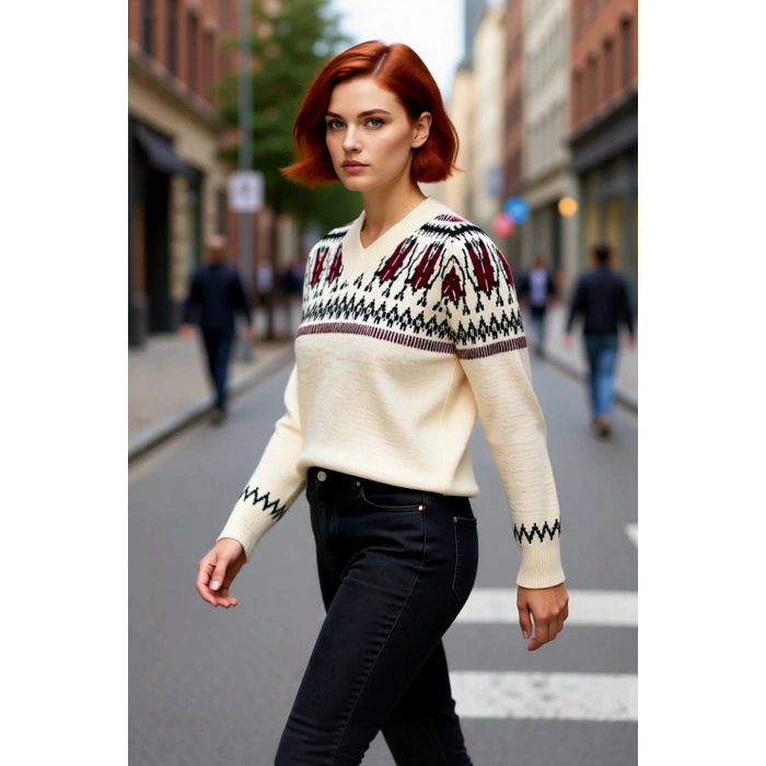 Kadın Geometrik Desenli V Yaka Triko Kazak Kışlık Regular Kalıp Reglan Kol Uzun Boy Rahat Şık