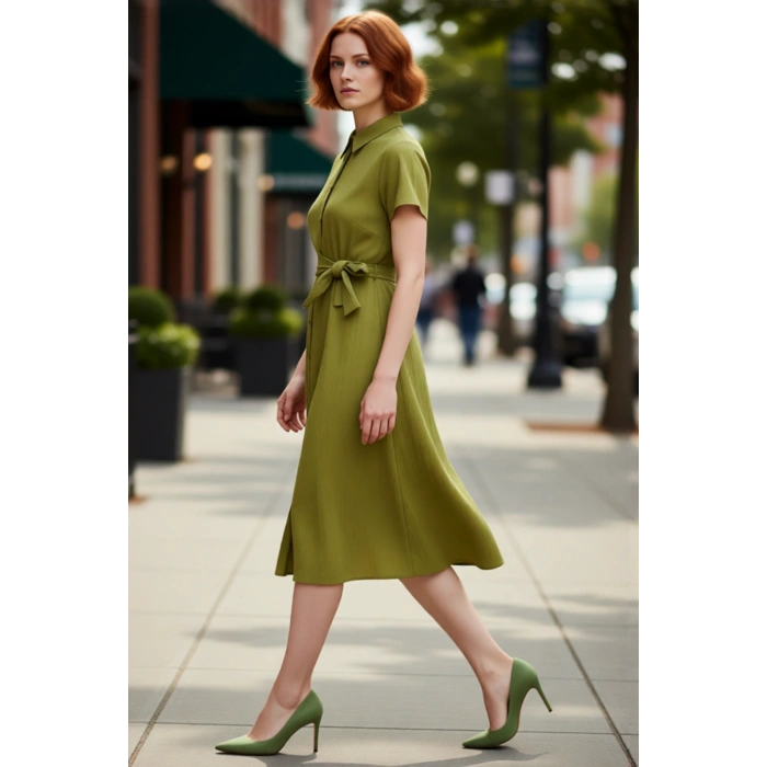 Kadın Gofre Dokuma Midi Boy Kısa Kollu Gömlek Elbise Modern Şıklık Ve Rahatlık Sunar Kaliteli