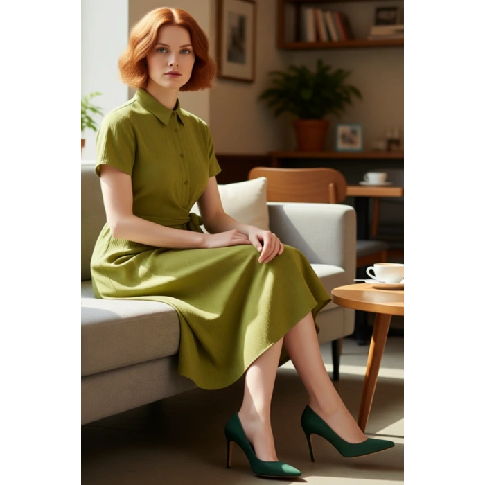 Kadın Gofre Dokuma Midi Boy Kısa Kollu Gömlek Elbise Modern Şıklık Ve Rahatlık Sunar Kaliteli