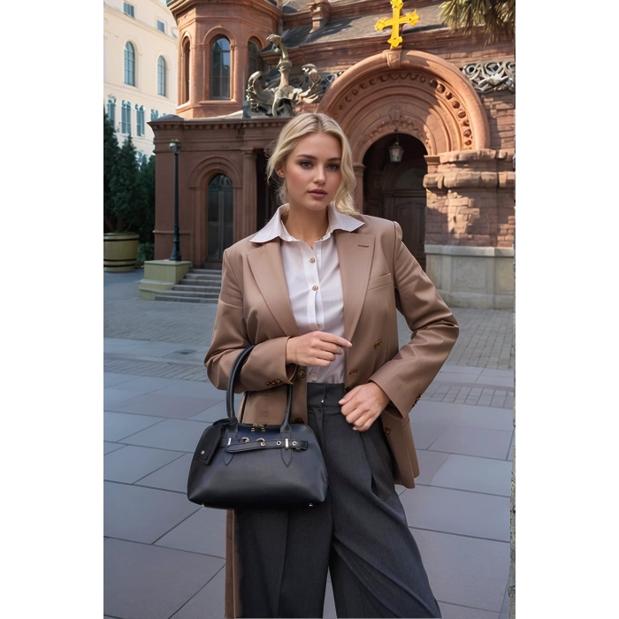 Kadın Gold Aksesuarlı Retro Dik Formlu El ve Omuz Çantası Günlük ve Klasik Kullanıma Uygun