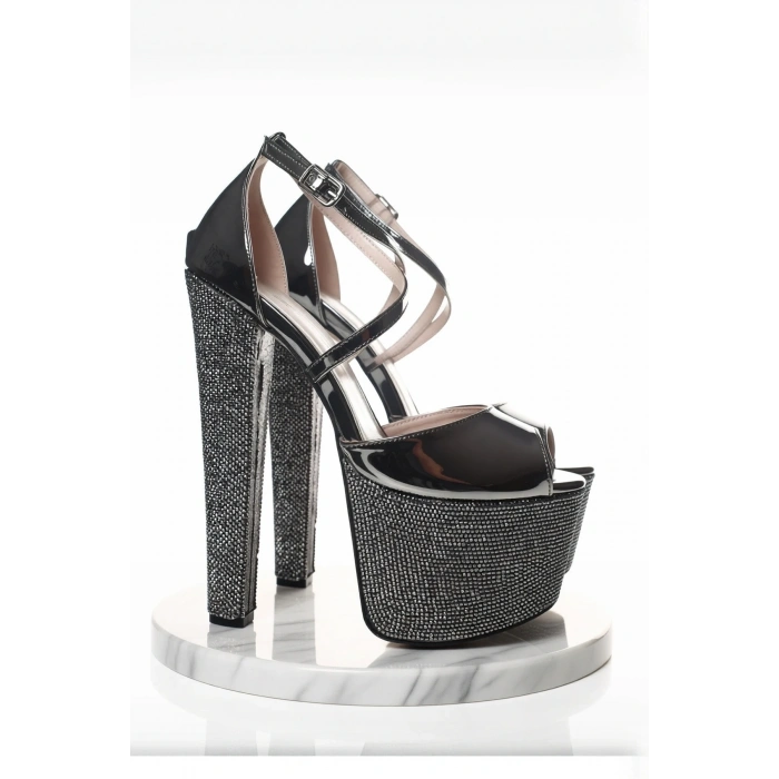 Kadın Gold Ayna Ökçe Poli Taş Yüksek Topuk Abiye Ayakkabı Kadın Topuklu Şık Gece Ayakkabısı