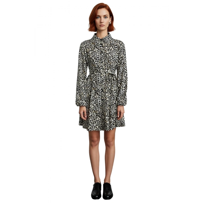 Kadın Gömlek Elbise Animal Desenli Kuşaklı Balon Kol Mini Viskoz Dokuma Modern Şıklık