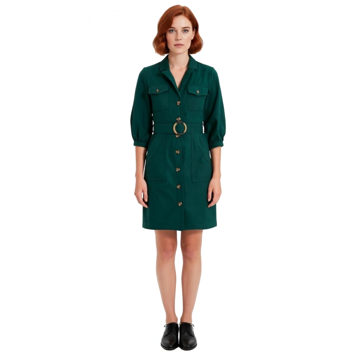 Kadın Gömlek Elbise Balon Kol Truvakar Boy Kemerli Düz Dokuma %100 Pamuk Günlük Şıklık Kaliteli