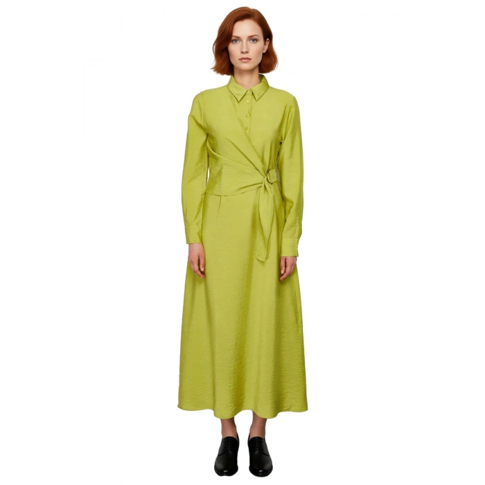 Kadın Gömlek Yaka A Line Dokuma Elbise Maxi Boy Uzun Kol Bel Bağlama Detayı Günlük Zarif Stil