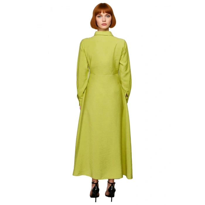 Kadın Gömlek Yaka A Line Dokuma Elbise Maxi Boy Uzun Kol Bel Bağlama Detayı Günlük Zarif Stil