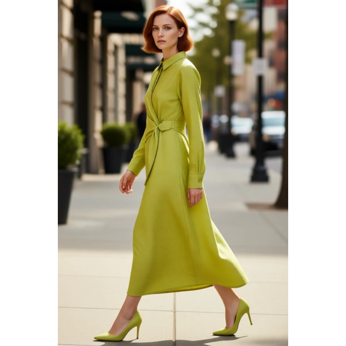 Kadın Gömlek Yaka A Line Dokuma Elbise Maxi Boy Uzun Kol Bel Bağlama Detayı Günlük Zarif Stil