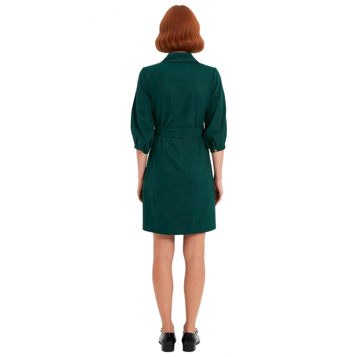 Kadın Gömlek Yaka Balon Kol Düğmeli Kemerli Kısa %100 Pamuk Dokuma Ceket Elbise Şıklığı Kaliteli