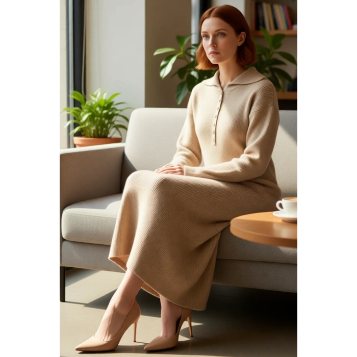 Kadın Gömlek Yaka Düğmeli A Line Uzun Kollu Düz Selanik Triko Maxi Elbise Kış Sezonu Şıklığı