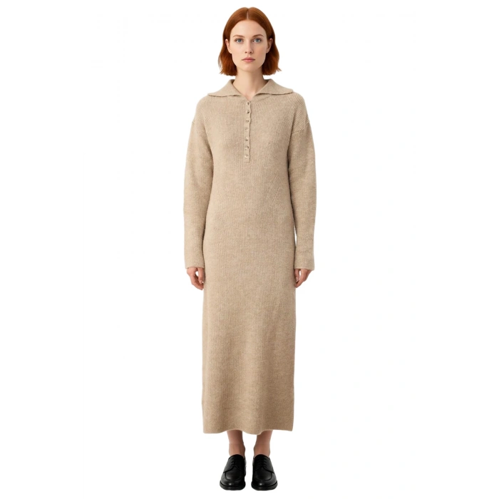 Kadın Gömlek Yaka Düğmeli A Line Uzun Kollu Düz Selanik Triko Maxi Elbise Kış Sezonu Şıklığı