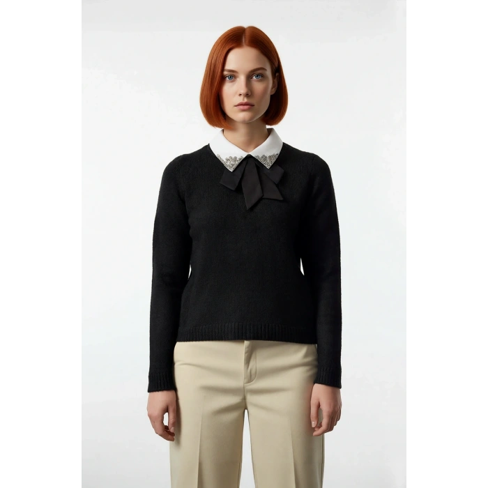 Kadın Gömlek Yaka Görünümlü Nakış Detaylı Triko Kazak Standart Kollu Sonbahar Kış Stili Kaliteli