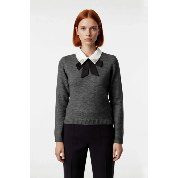 Kadın Gömlek Yaka Görünümlü Nakış Detaylı Triko Kazak Standart Kollu Sonbahar Kış Stili Kaliteli