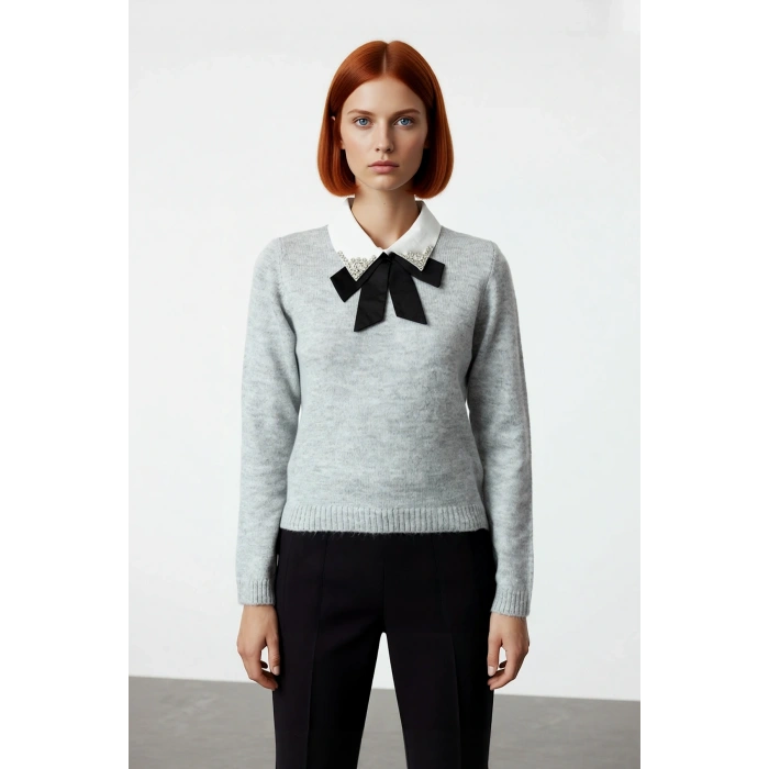 Kadın Gömlek Yaka Görünümlü Nakış Detaylı Triko Kazak Standart Kollu Sonbahar Kış Stili Kaliteli