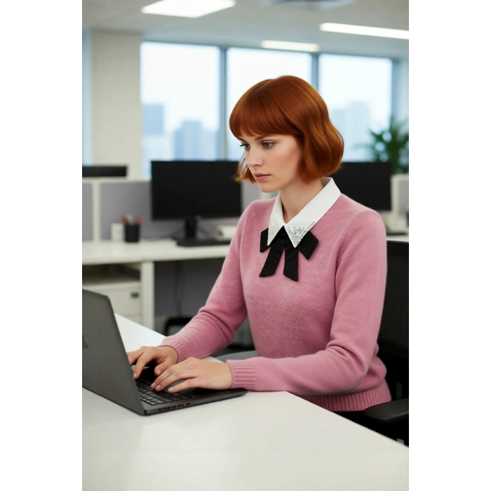 Kadın Gömlek Yaka Görünümlü Nakış Detaylı Triko Kazak Standart Kollu Sonbahar Kış Stili Kaliteli