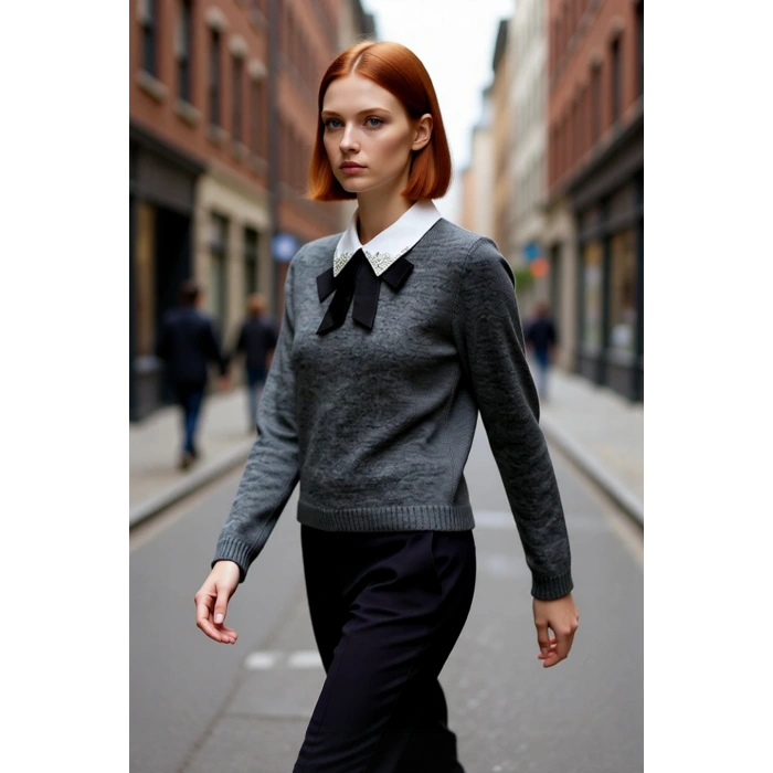 Kadın Gömlek Yaka Görünümlü Nakış Detaylı Triko Kazak Standart Kollu Sonbahar Kış Stili Kaliteli