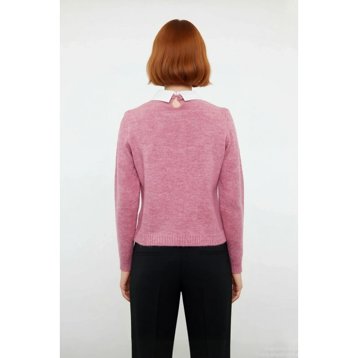 Kadın Gömlek Yaka Görünümlü Nakış Detaylı Triko Kazak Standart Kollu Sonbahar Kış Stili Kaliteli