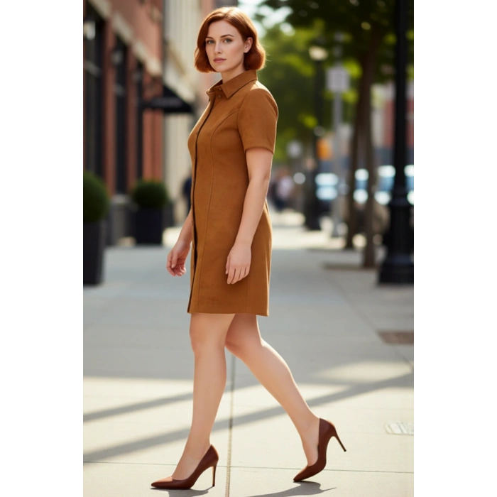 Kadın Gömlek Yaka Kahverengi Süet Dokuma A line Kısa Kol Mini Elbise Sonbahar İçin İdeal Seçim