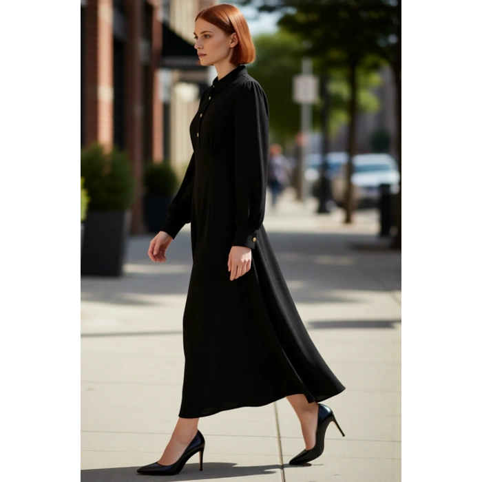 Kadın Gömlek Yaka Skater Kalıp Düz Desen Maxi Boy Uzun Kollu Dokuma Aerobin Elbise Kaliteli