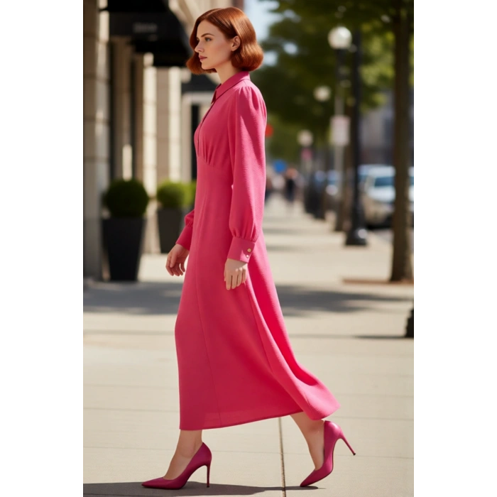 Kadın Gömlek Yaka Skater Kalıp Düz Desen Maxi Boy Uzun Kollu Dokuma Aerobin Elbise Kaliteli