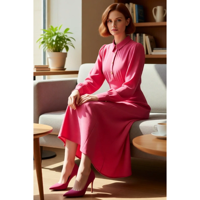 Kadın Gömlek Yaka Skater Kalıp Düz Desen Maxi Boy Uzun Kollu Dokuma Aerobin Elbise Kaliteli