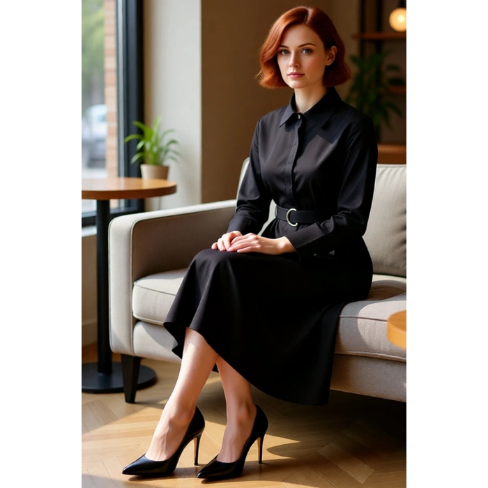 Kadın Gömlek Yaka Yarasa Kollu Uzun Kuşaklı Midi Boy Dokuma Kışlık Elbise Casual Şıklık Kaliteli