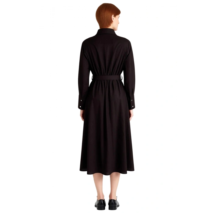 Kadın Gömlek Yaka Yarasa Kollu Uzun Kuşaklı Midi Boy Dokuma Kışlık Elbise Casual Şıklık Kaliteli