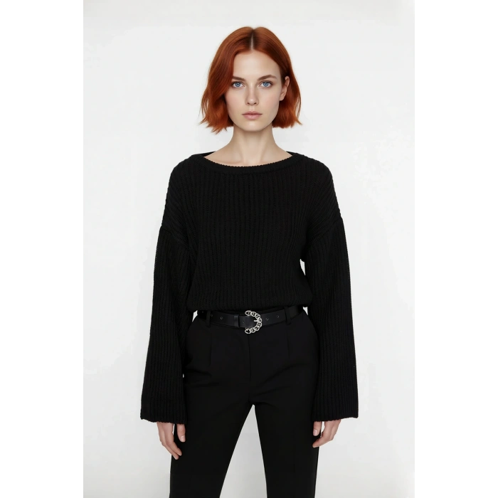 Kadın Gri %100 Akrilik Oversize Selanik Dokuma Bisiklet Yaka İspanyol Kol Crop Triko Kazak